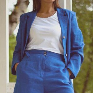 Yest Netherlands True Blue Cropped 100% Linen Blazer